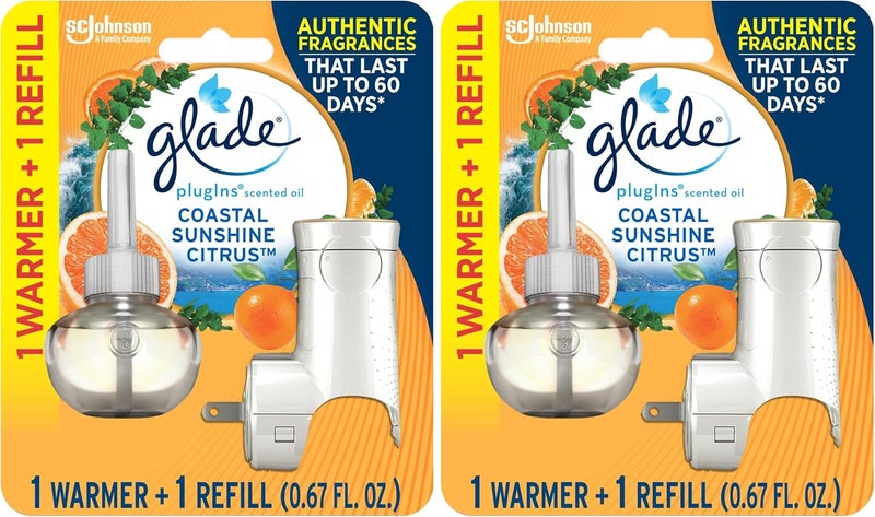 Glade PlugIns Refills Air Freshener Starter Kit, Scented Oil for Home and Bathroom, Coastal Sunshine Citrus, 0.67 Fl Oz, 1 Warmer + 1 Refill (Pack of 2) - Image 1